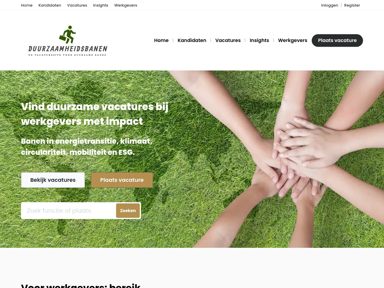 Duurzaamheidsbanen.nl job board platform screenshot showing job search interface