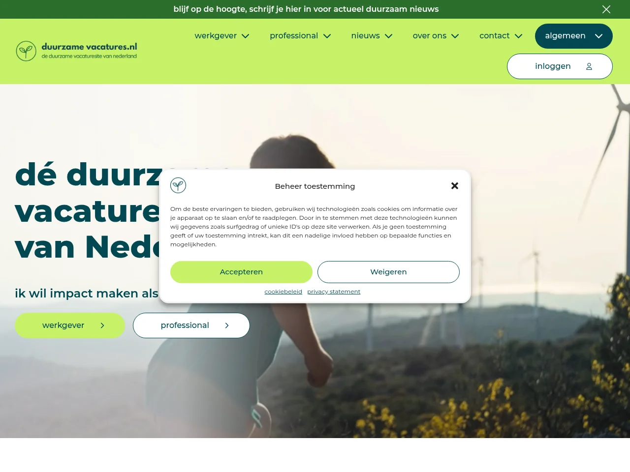 duurzamevacatures.nl job board platform screenshot showing job search interface