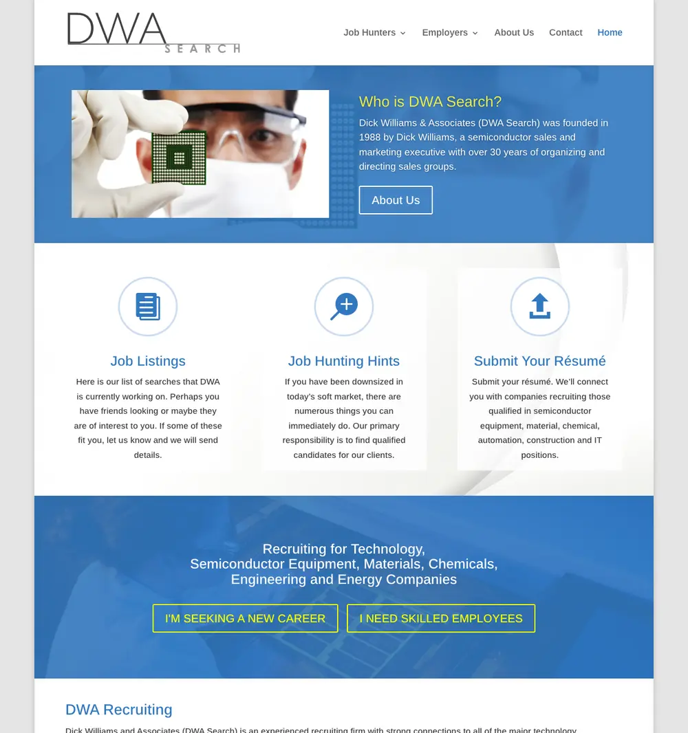 DWA Search job board platform screenshot showing job search interface