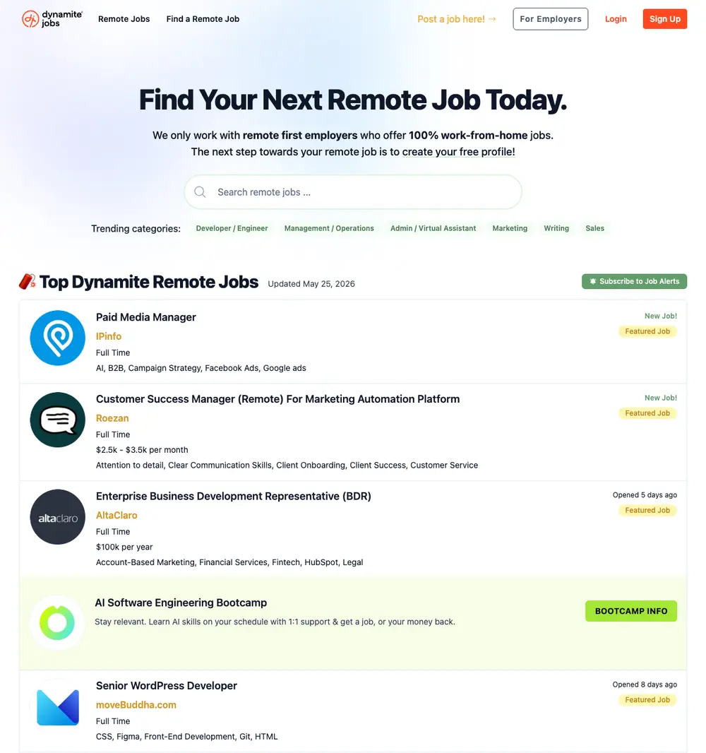 Dynamite Jobs job board platform screenshot showing job search interface