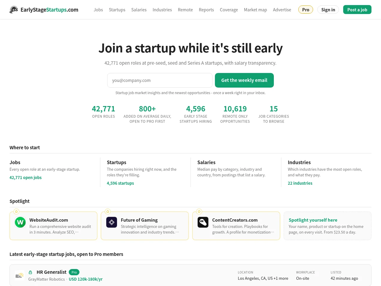 Early Stage Startups job board platform screenshot showing job search interface