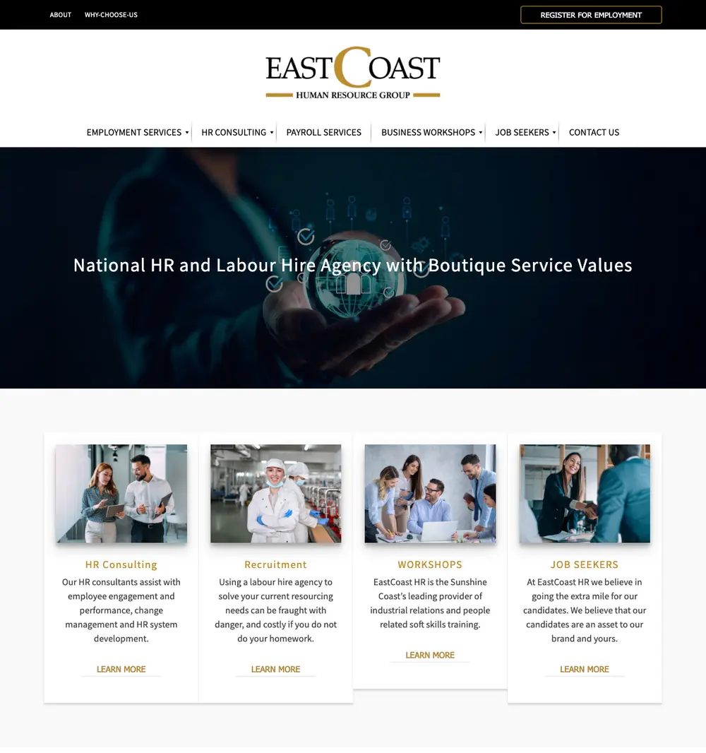 EastCoast HR job board platform screenshot showing job search interface