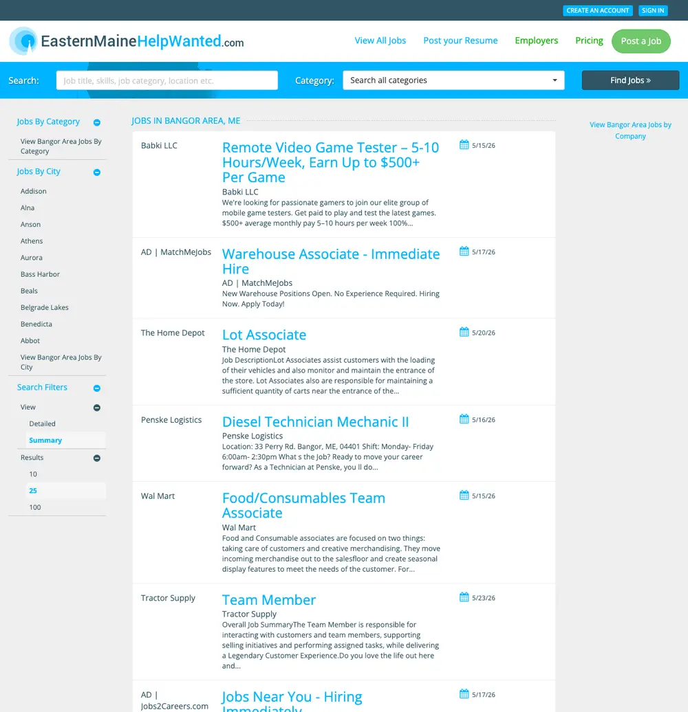EasternMaineHelpWanted.com job board platform screenshot showing job search interface