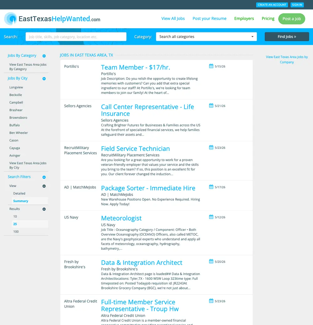 EastTexasHelpWanted.com job board platform screenshot showing job search interface