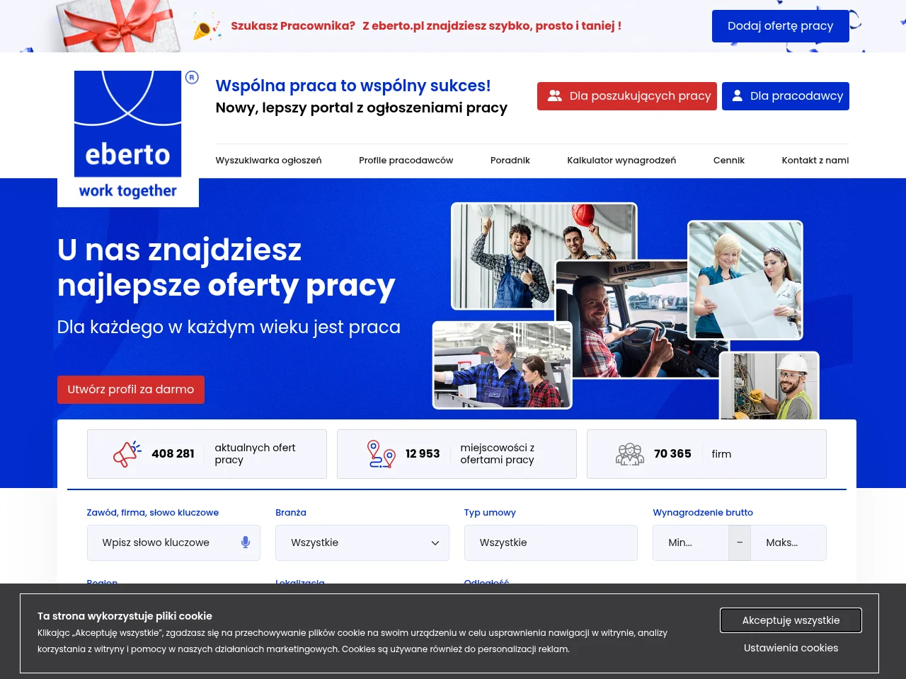 eberto.pl job board platform screenshot showing job search interface