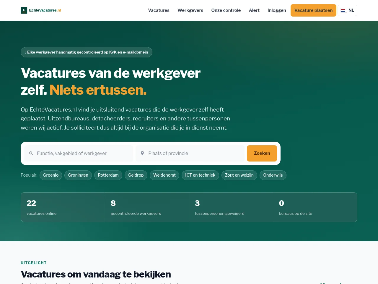 EchteVacatures.nl job board platform screenshot showing job search interface