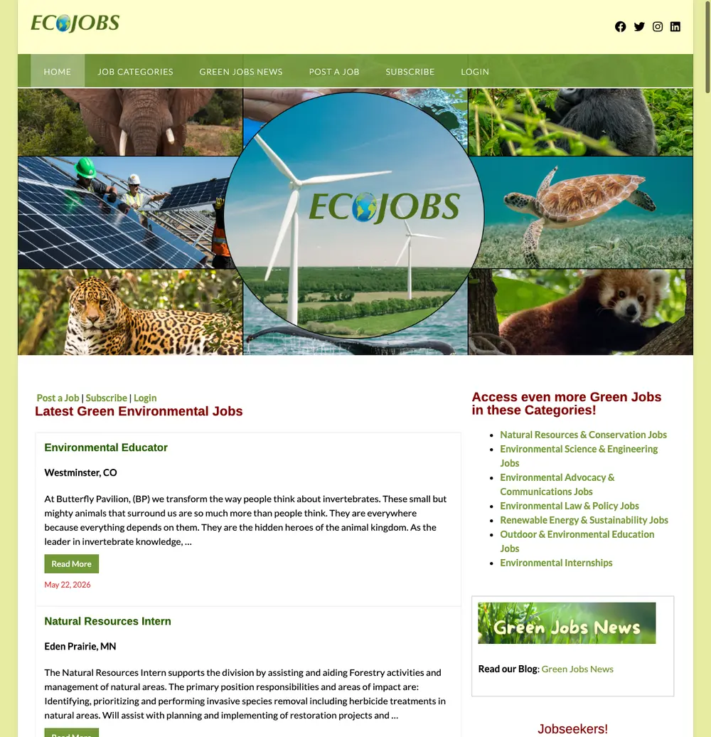 EcoJobs.com job board platform screenshot showing job search interface