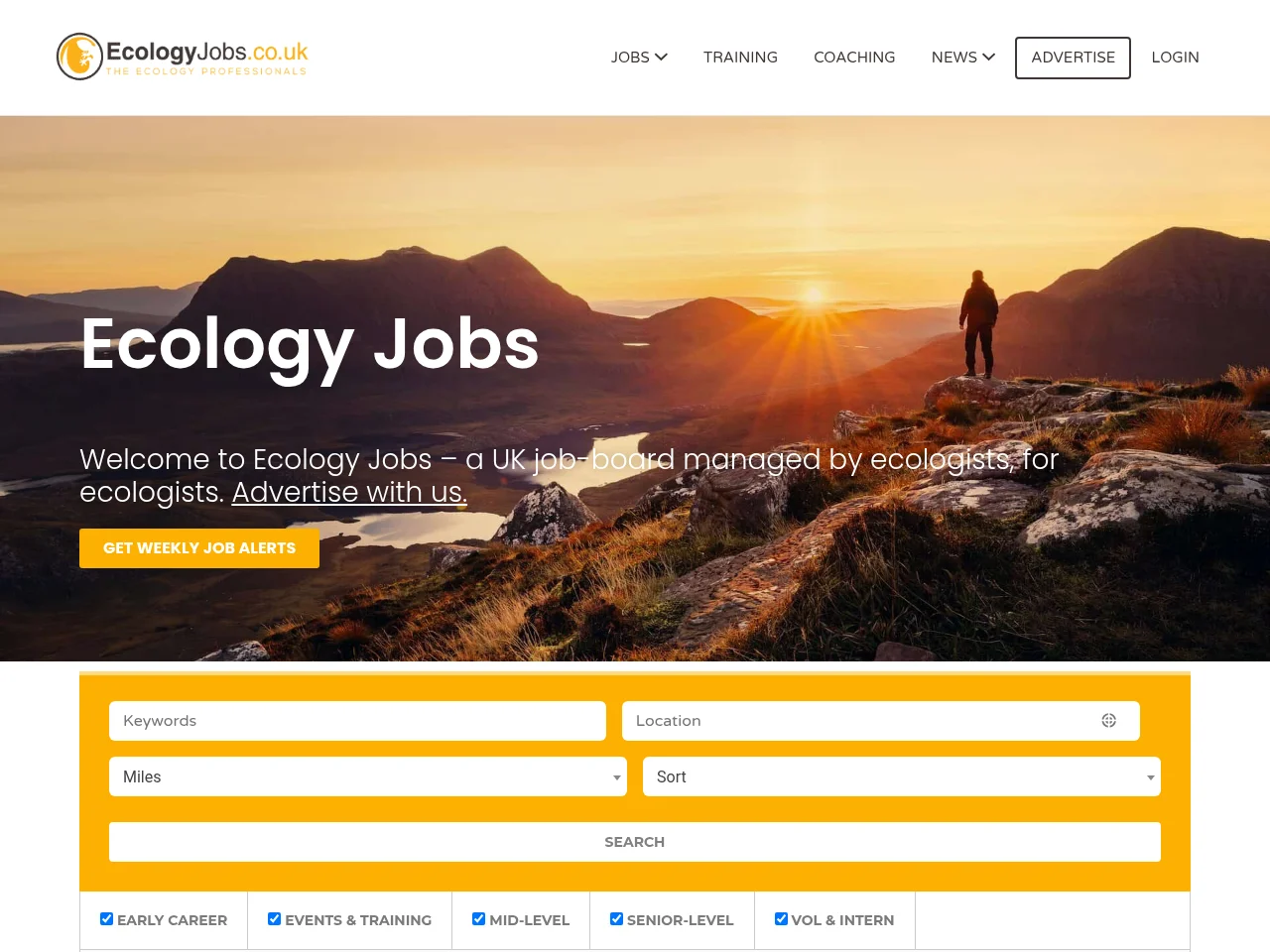 Ecology Jobs job board platform screenshot showing job search interface