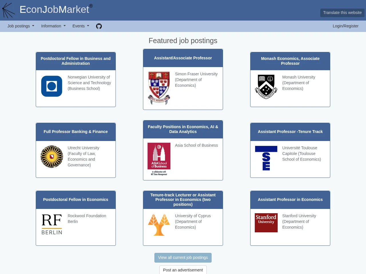 EJM - Econ Job Market screenshot EJM - Econ Job Market job board platform screenshot showing job search interface