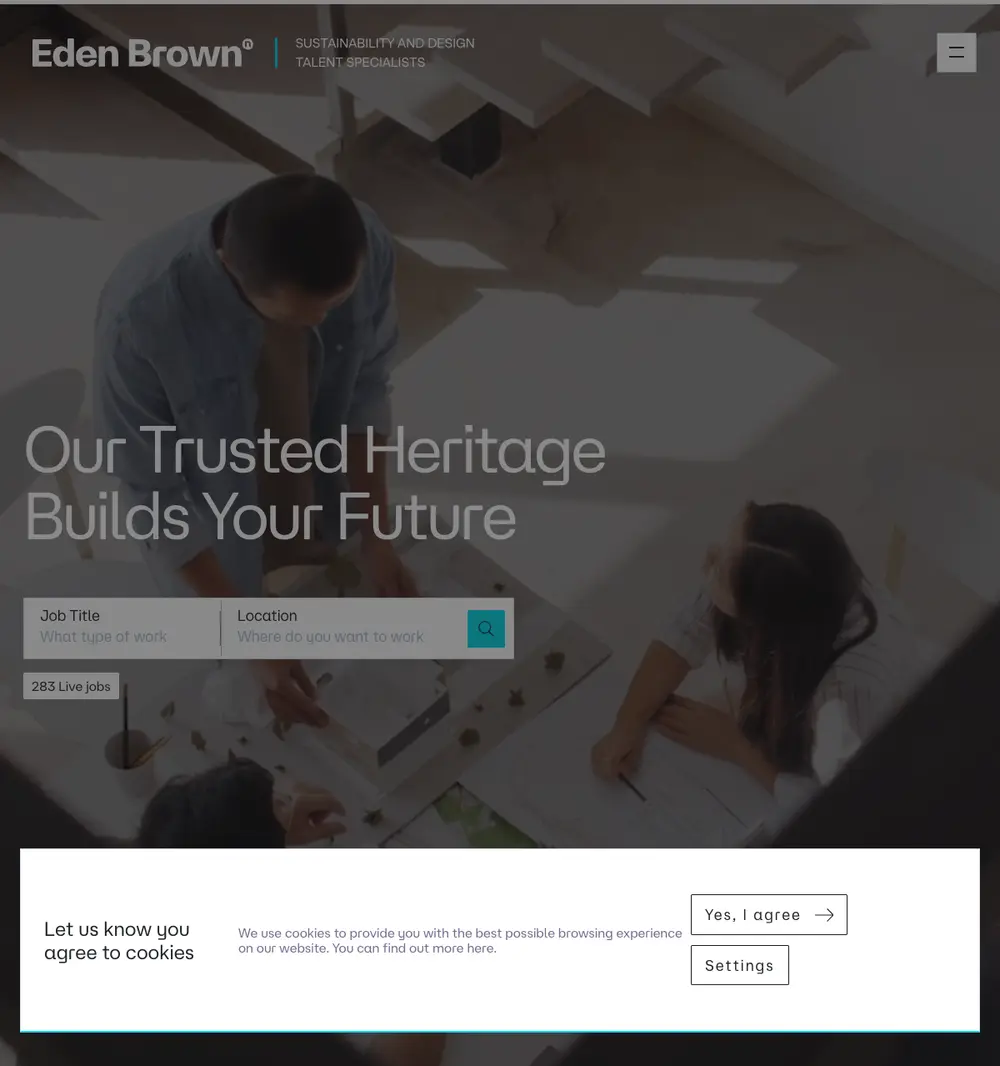 Eden Brown Built Environment job board platform screenshot showing job search interface