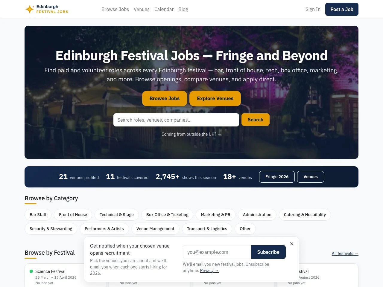 Edinburgh Festival Jobs job board platform screenshot showing job search interface