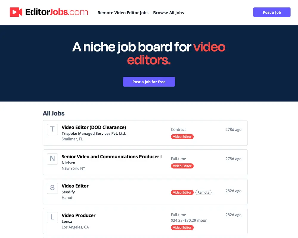 EditorJobs.com job board platform screenshot showing job search interface