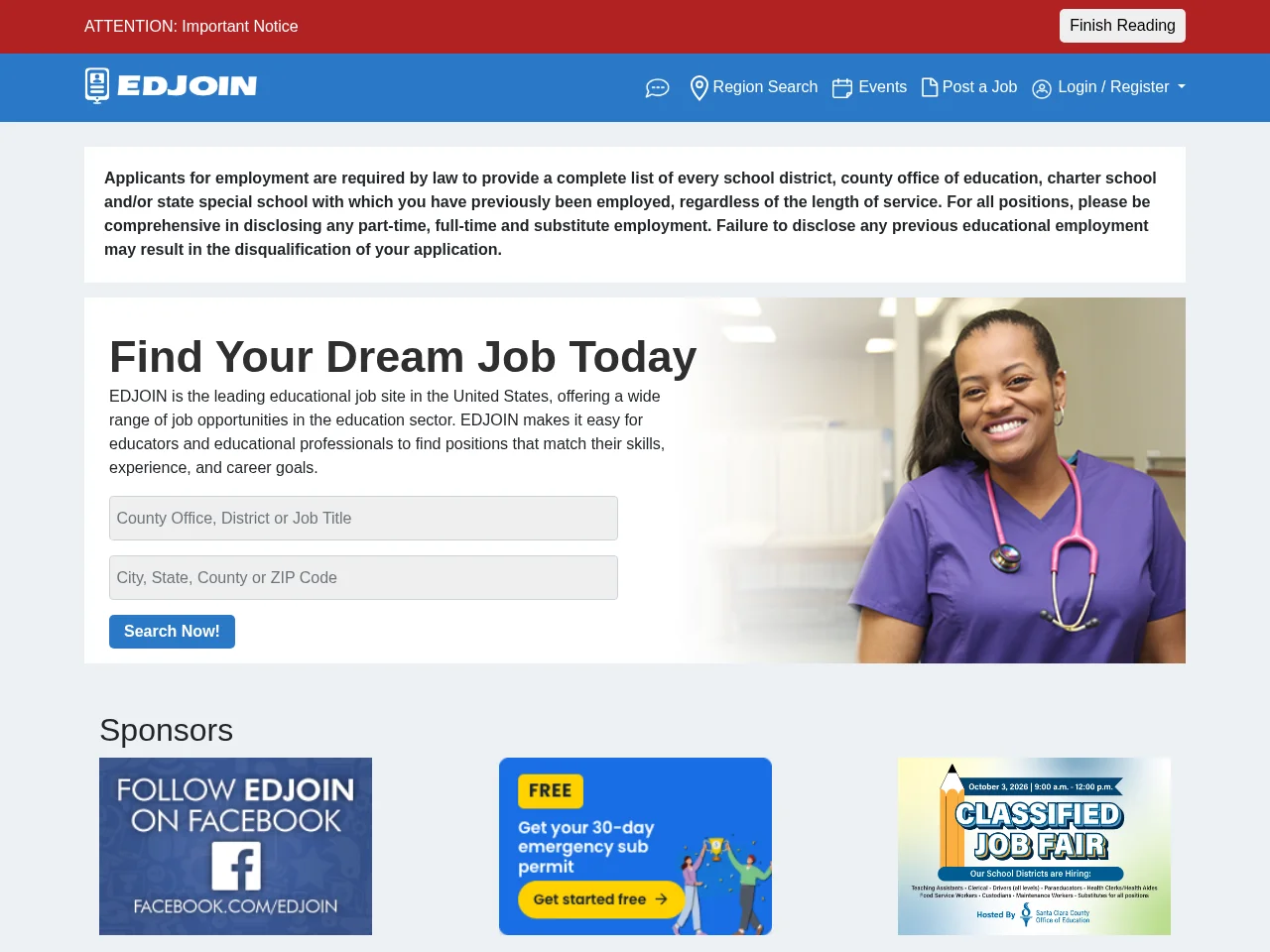 EDJOIN job board platform screenshot showing job search interface