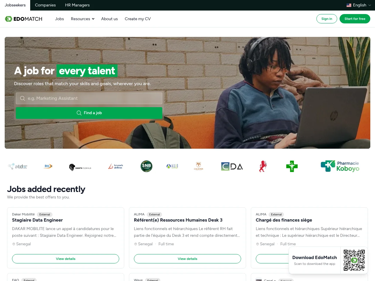 EdoMatch job board platform screenshot showing job search interface