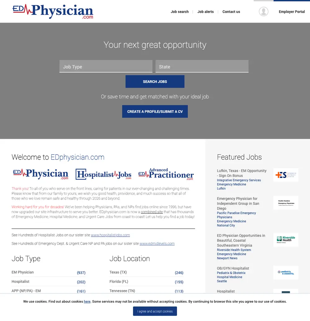 EDphysician.com screenshot EDphysician.com job board platform screenshot showing job search interface