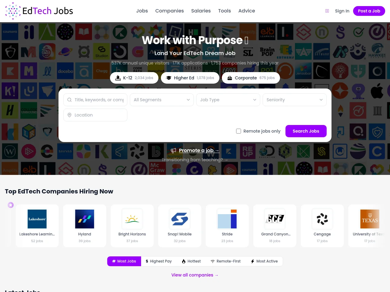 EdTechJobs.io job board platform screenshot showing job search interface