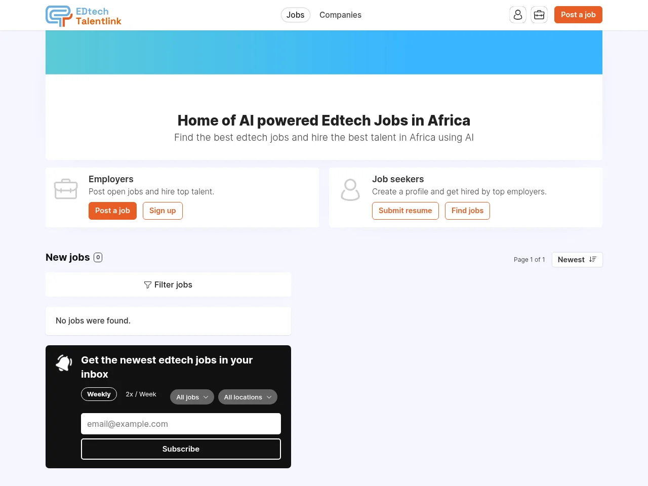 Edtech Talentlink by CcHub job board platform screenshot showing job search interface