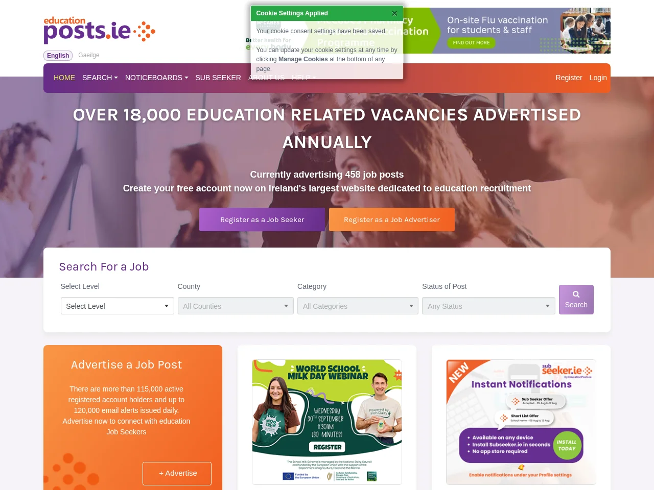 EducationPosts.ie job board platform screenshot showing job search interface