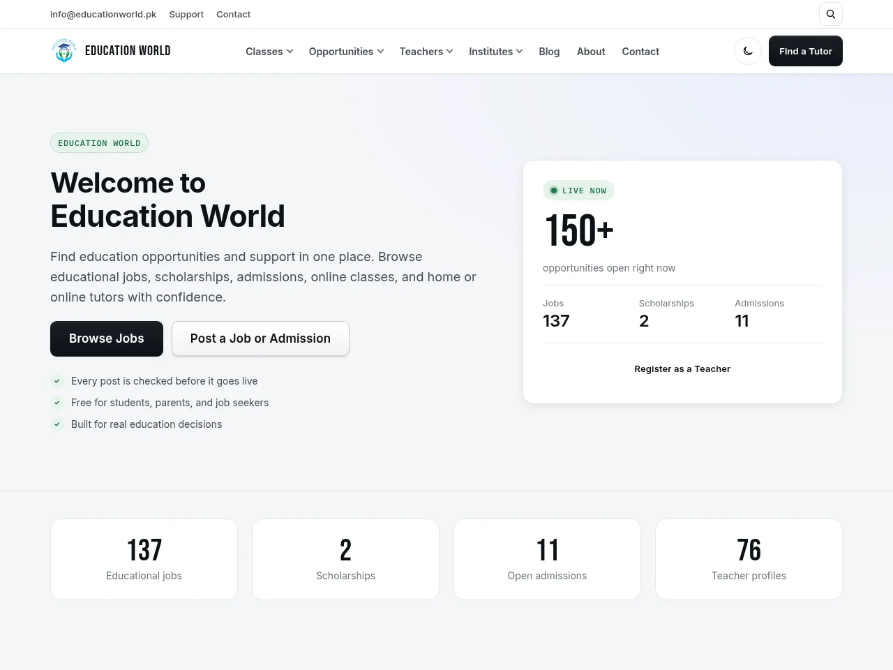 Education World job board platform screenshot showing job search interface