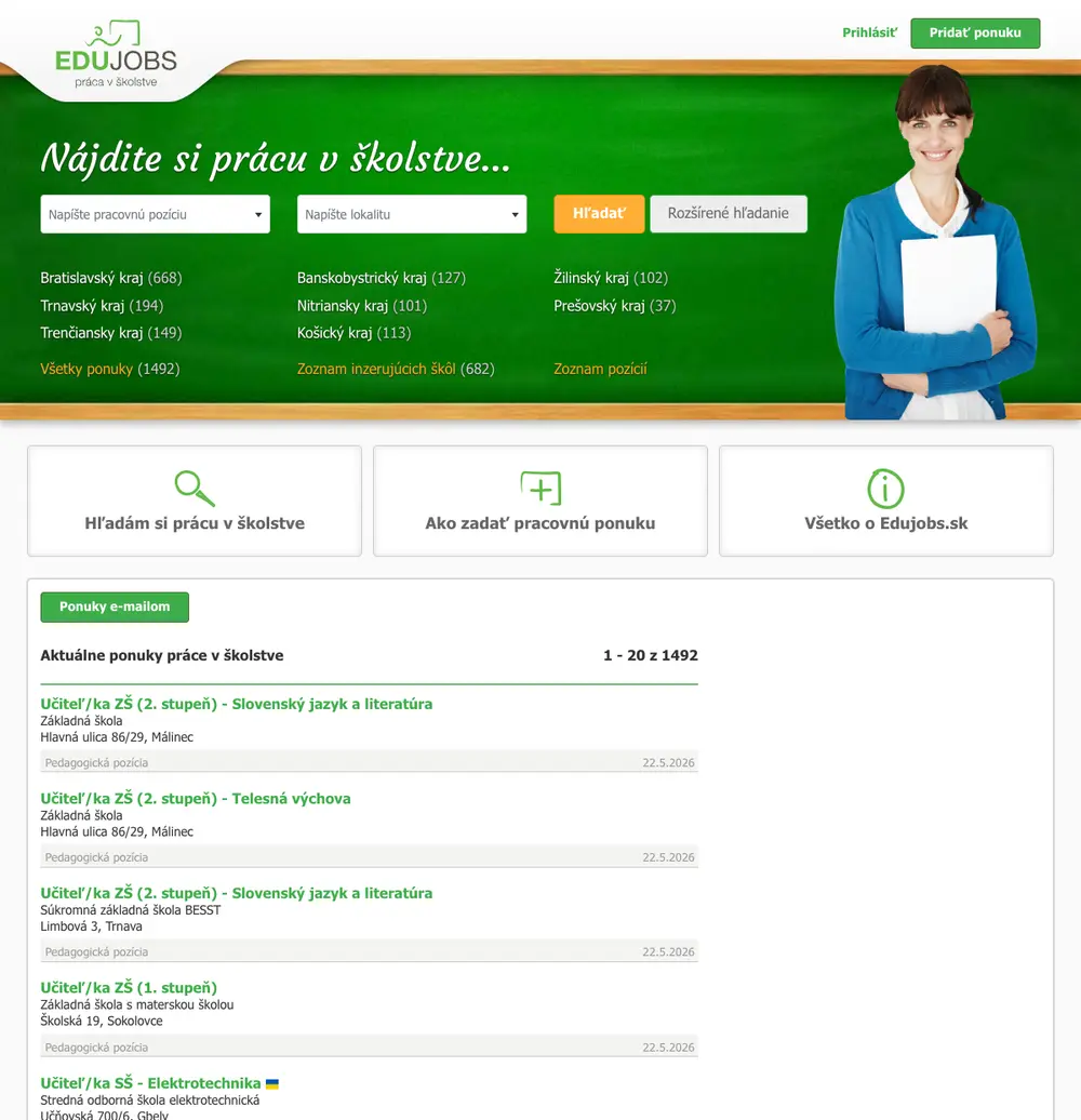 Edujobs.sk job board platform screenshot showing job search interface
