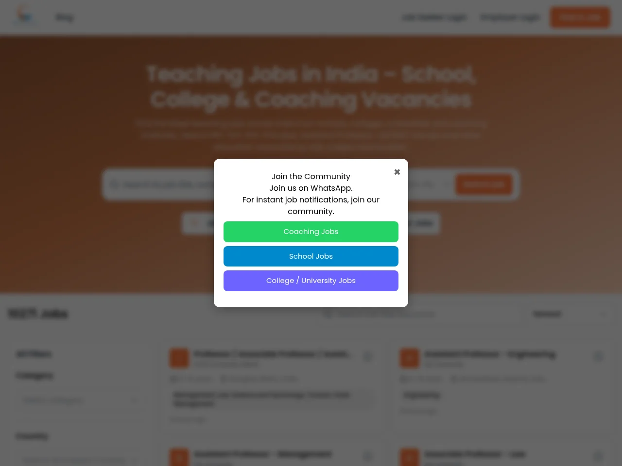 EduJobsIndia job board platform screenshot showing job search interface