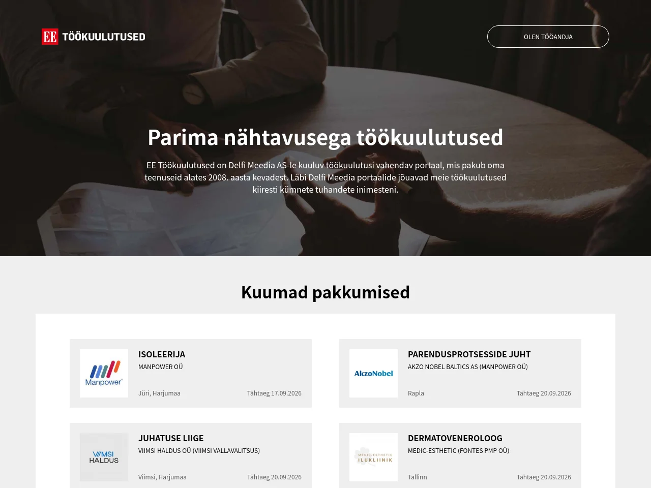 EE Töökuulutused job board platform screenshot showing job search interface