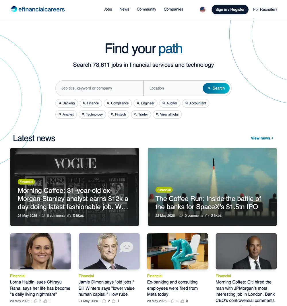 eFinancialCareers job board platform screenshot showing job search interface