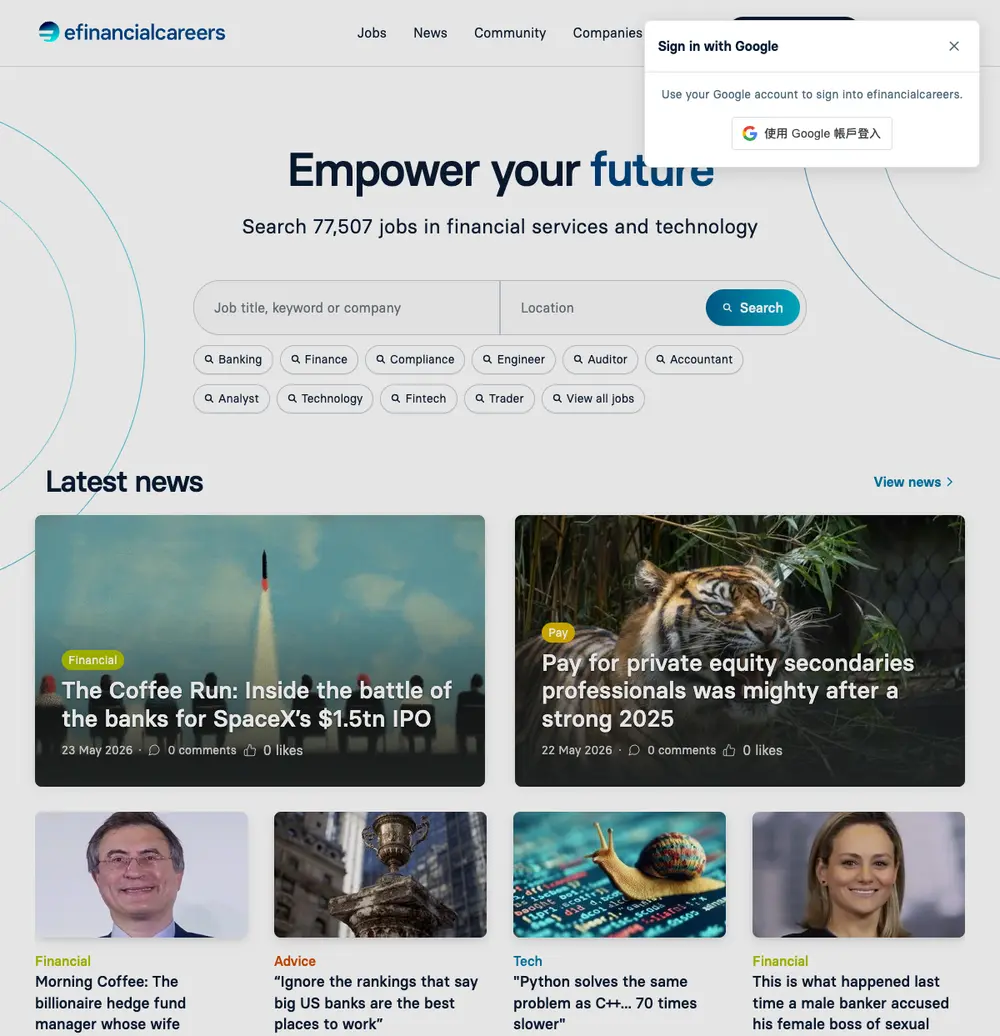 eFinancialCareers Australia job board platform screenshot showing job search interface