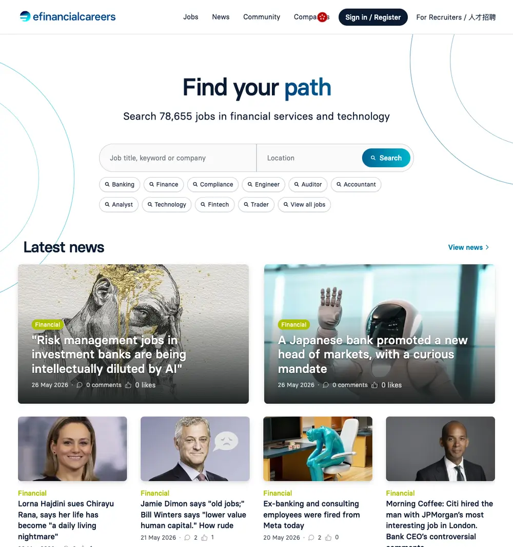 eFinancialCareers HK job board platform screenshot showing job search interface