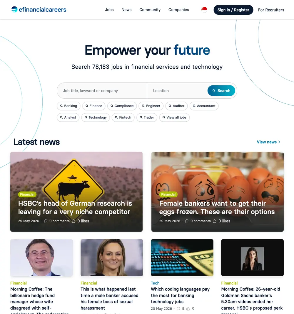 eFinancialCareers job board platform screenshot showing job search interface