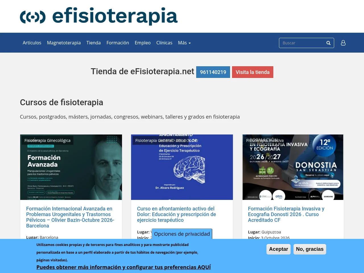 eFisioterapia job board platform screenshot showing job search interface