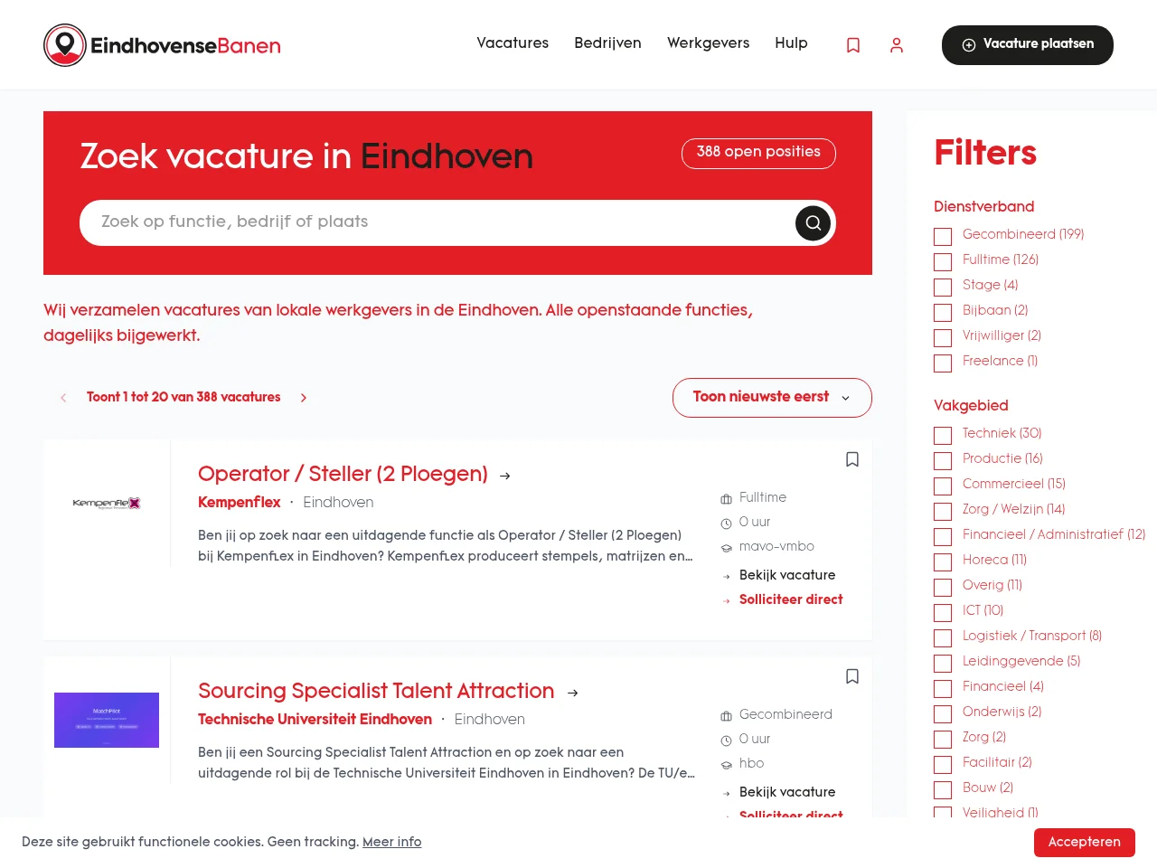 EindhovenseBanen.nl job board platform screenshot showing job search interface