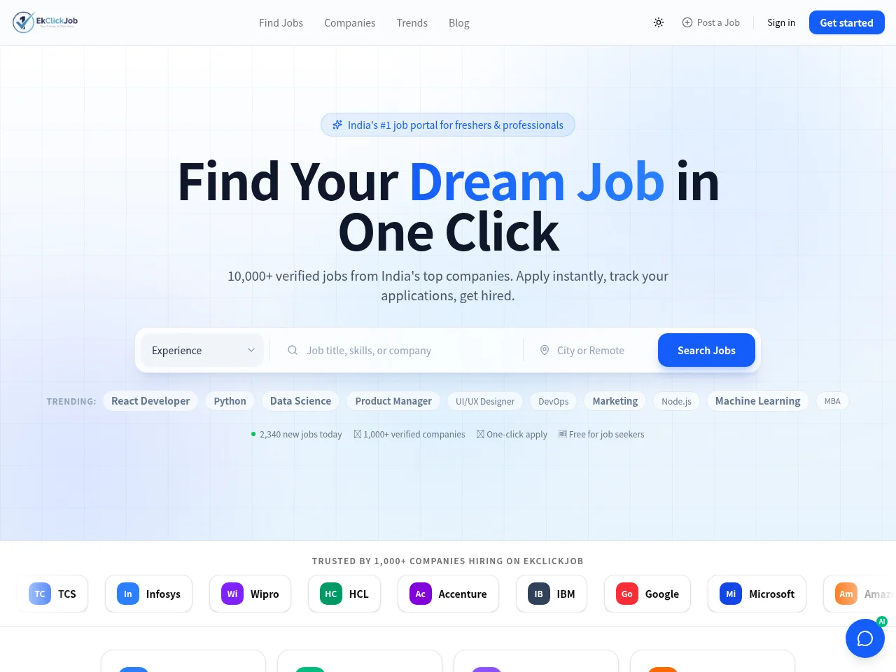 EkClickJob job board platform screenshot showing job search interface