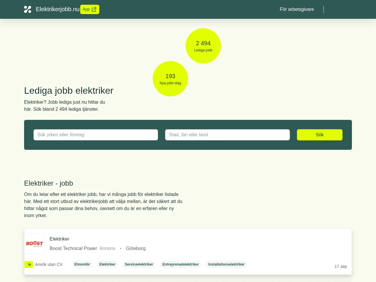 Elektrikerjobb.nu job board platform screenshot showing job search interface