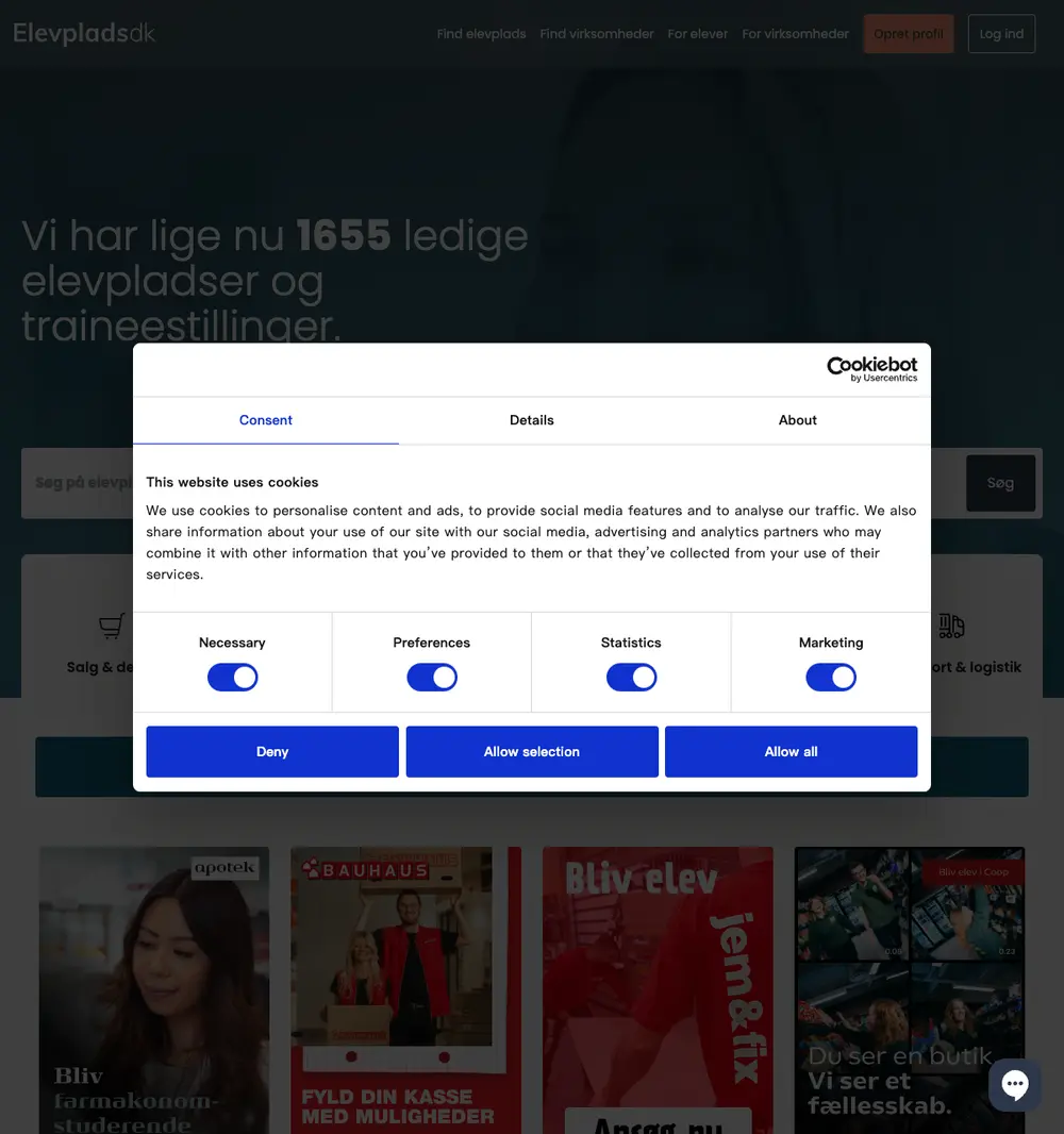 Elevplads.dk job board platform screenshot showing job search interface