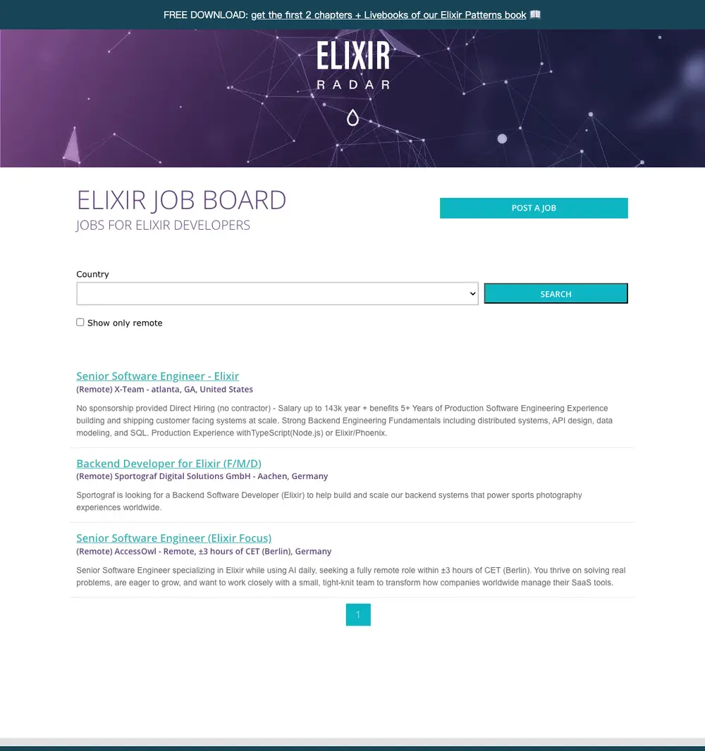 Elixir Job Board job board platform screenshot showing job search interface