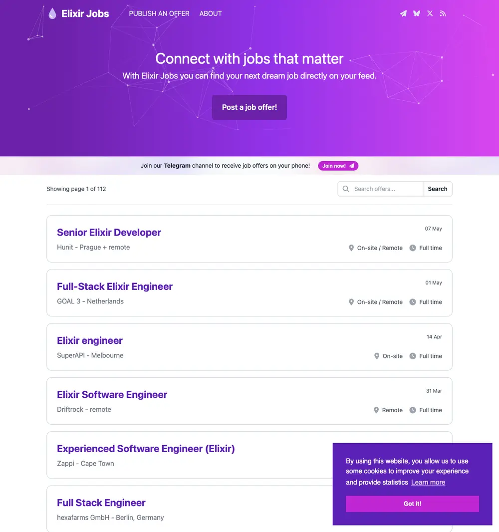 Elixir Jobs job board platform screenshot showing job search interface