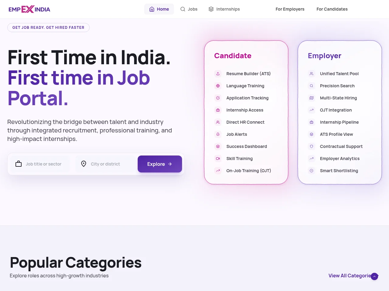 EmpExIndia job board platform screenshot showing job search interface