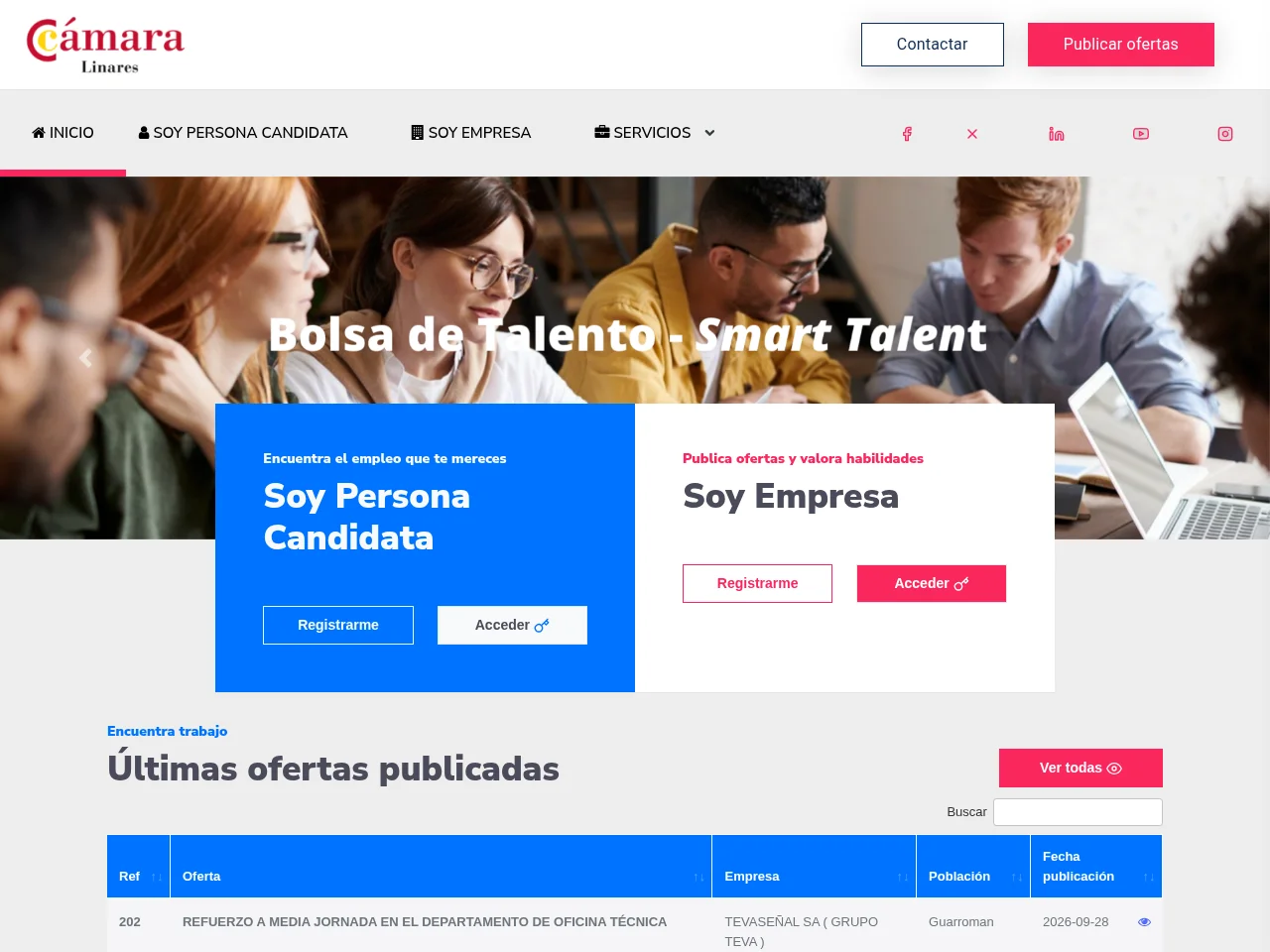 Portal de Empleo Cámara de Linares job board platform screenshot showing job search interface