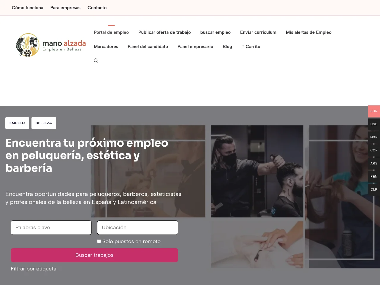Empleo en Belleza job board platform screenshot showing job search interface