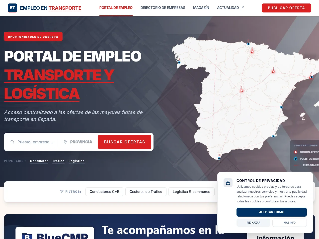 Empleo en Transporte job board platform screenshot showing job search interface