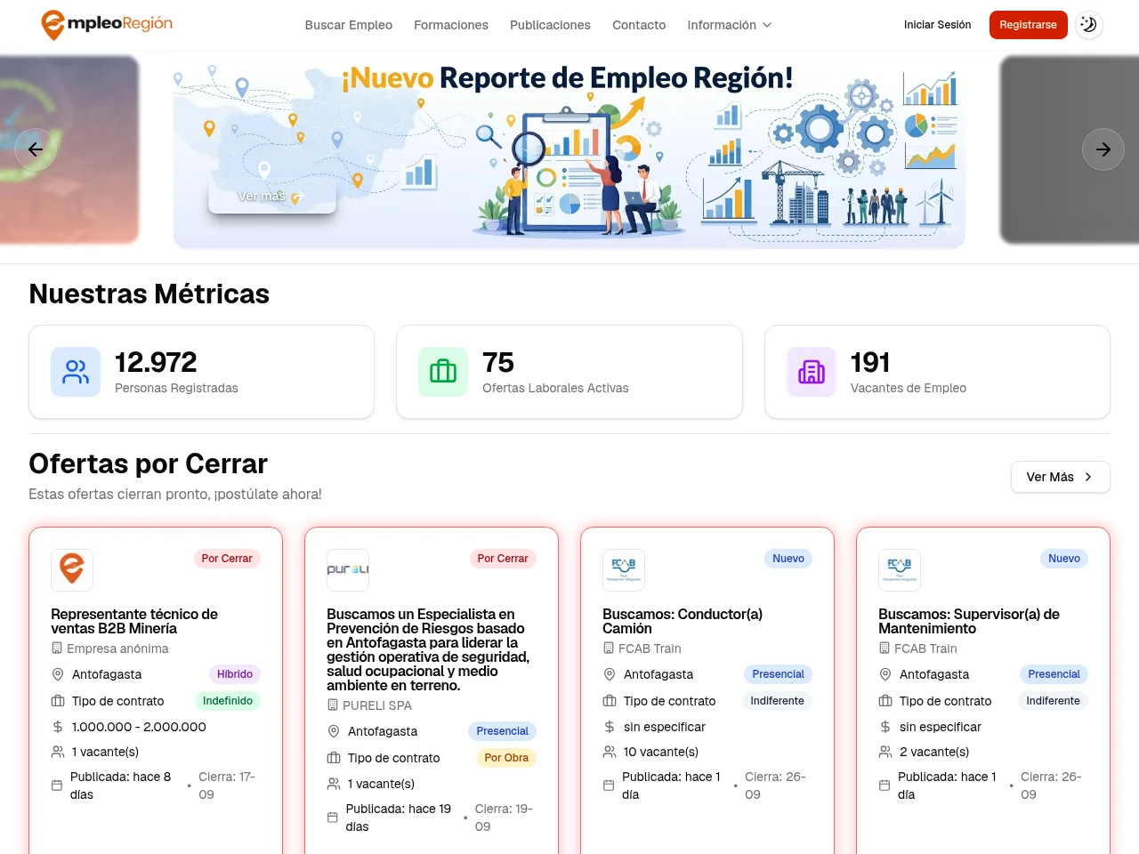 Empleo Región job board platform screenshot showing job search interface
