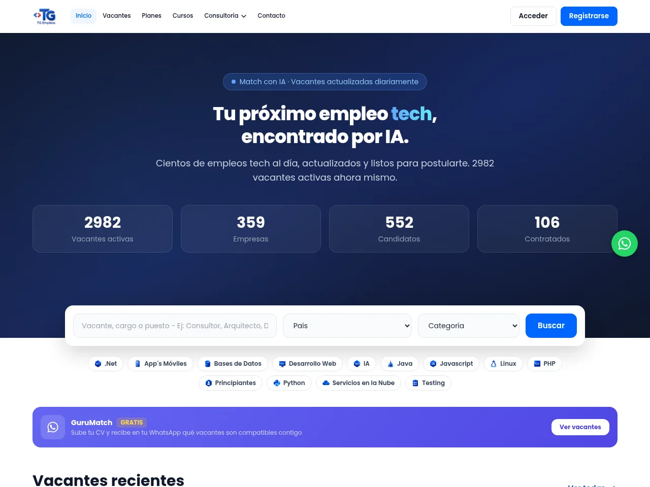 TG Empleos job board platform screenshot showing job search interface