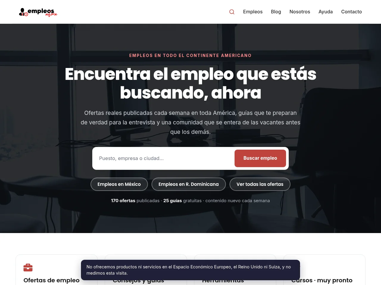 Empleos Ahora job board platform screenshot showing job search interface