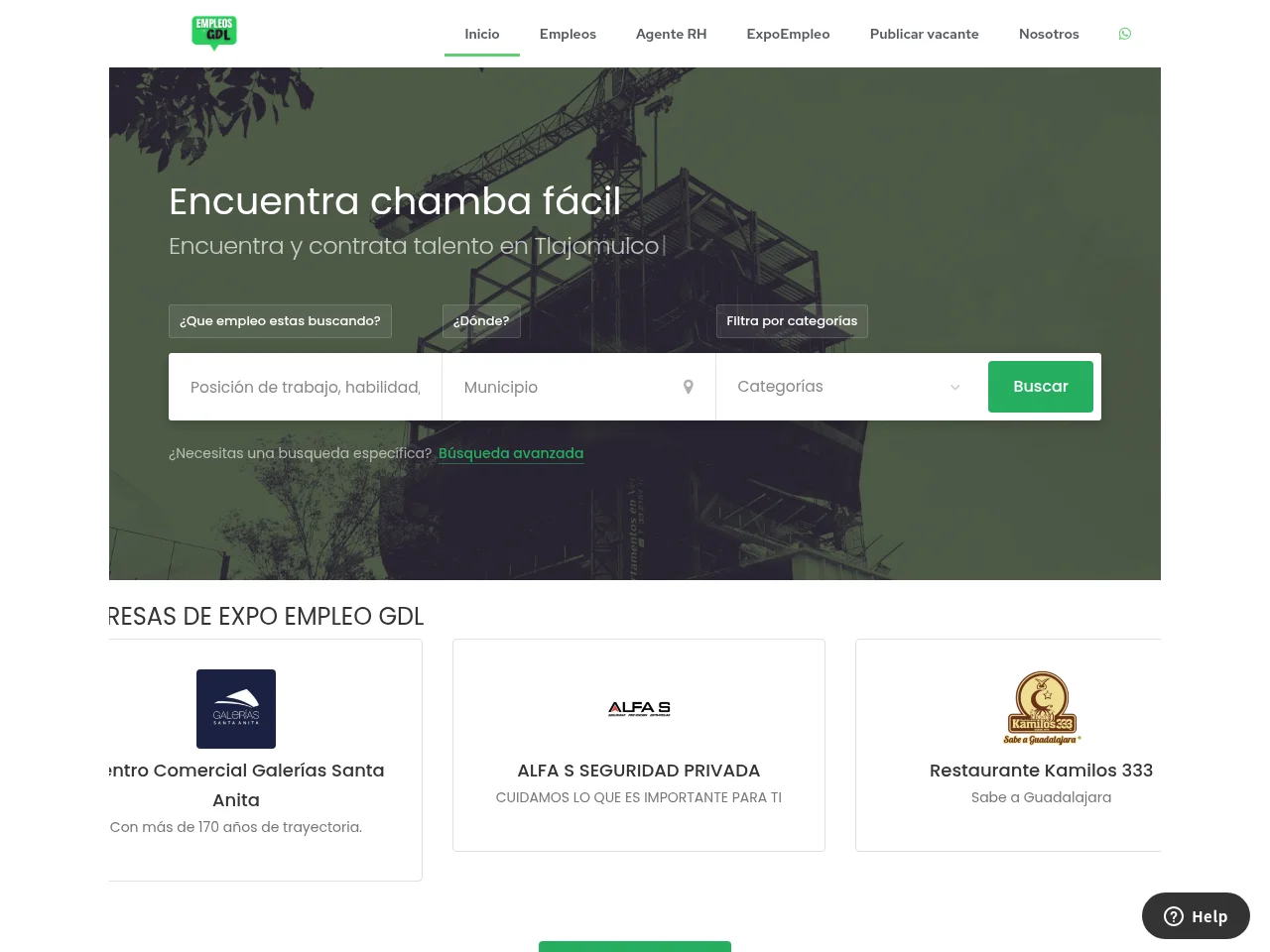 EmpleosGDL job board platform screenshot showing job search interface