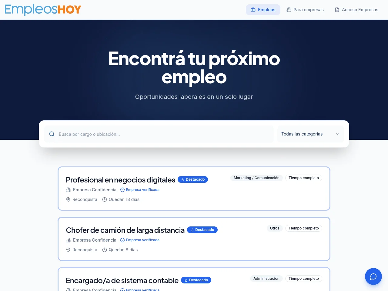 EmpleosHOY job board platform screenshot showing job search interface