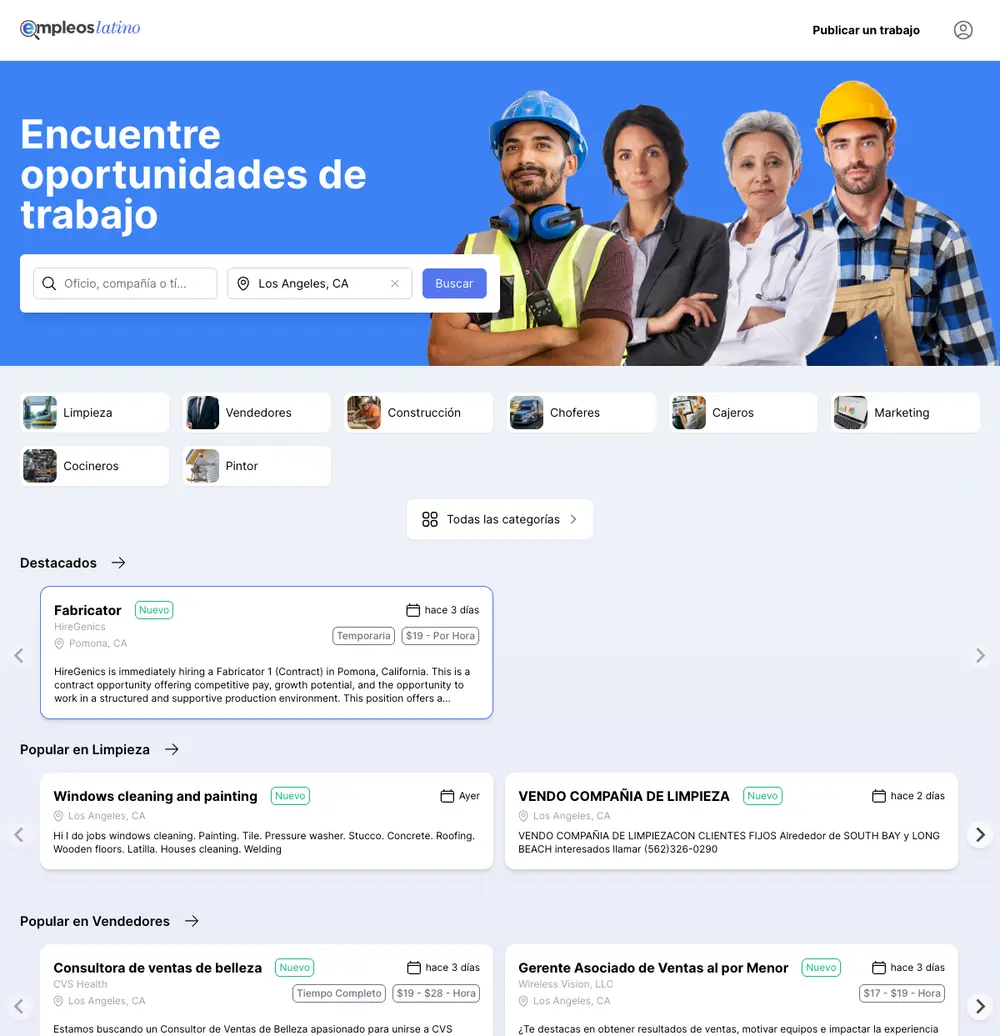 Empleos Latino job board platform screenshot showing job search interface