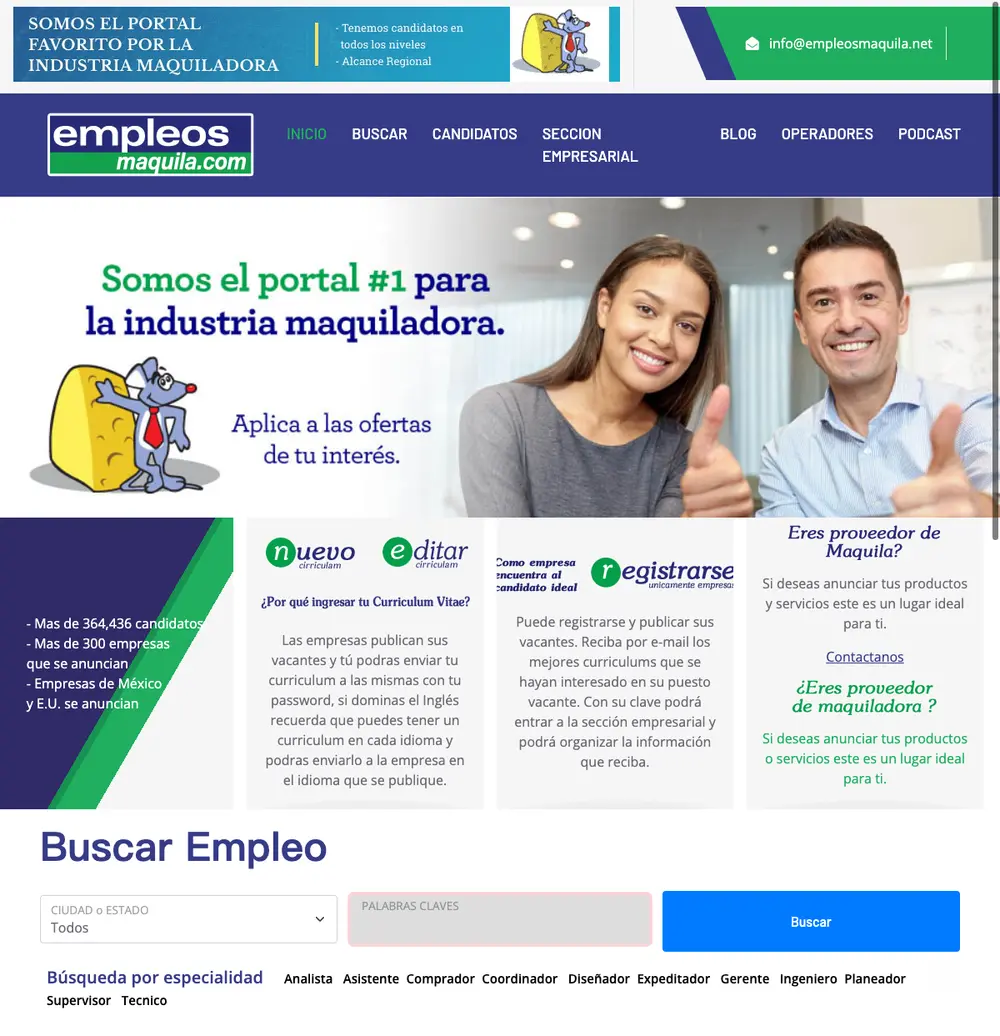 Empleos Maquila job board platform screenshot showing job search interface