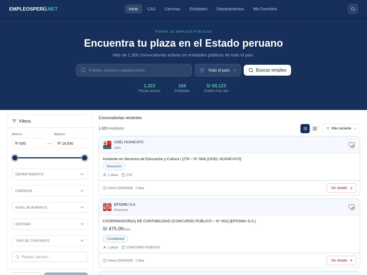 EmpleosPerú.net job board platform screenshot showing job search interface