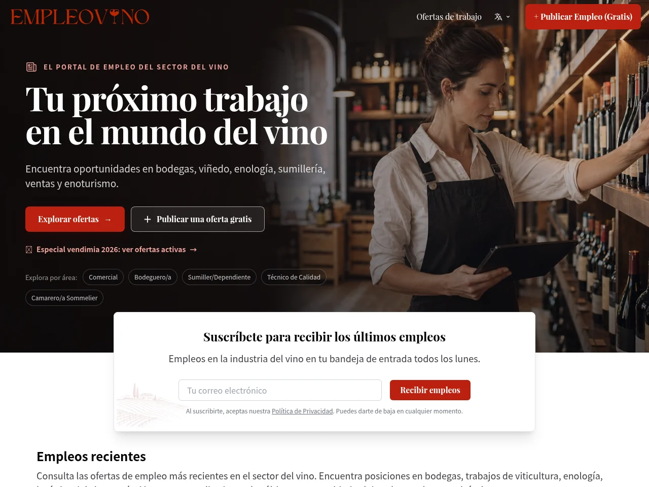 EmpleoVino.es job board platform screenshot showing job search interface